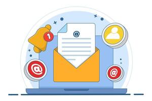 Concept of new email notification on device screen, Direct digital marketing, Unread message reminder, Email marketing concept. Flat illustration on background. vector