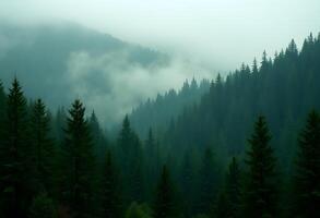 Foggy forest with trees and mountains in the background photo