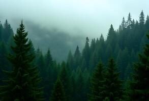 A forest with trees and fog in the background photo