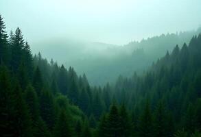A forest with trees and fog in the background photo