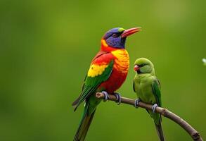 two colorful birds sitting on a branch photo