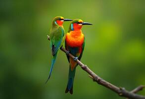 two colorful birds sitting on a branch photo