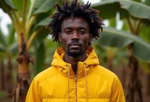 A man with dreadlocks standing in front of a banana tree photo