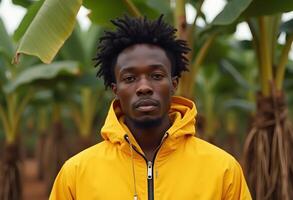 A man with dreadlocks standing in front of a banana tree photo
