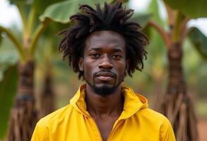 A man with dreadlocks standing in front of a banana tree photo
