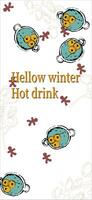 A portrait hand drawn background with a winter party theme hot drinks. mulled wine, spices, lemon slices, apple slices and gingerbread figurine above vector