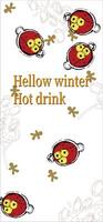 A hand drawn background with a winter party theme hot drinks. mulled wine, spices, lemon slices, apple slices and gingerbread figurine above vector