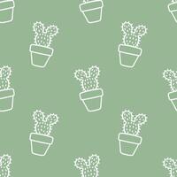 Seamless patterns of Cactus cartoon outline doodle on green background, . vector