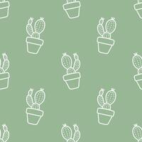 Seamless patterns of Cactus cartoon outline doodle on green background, . vector