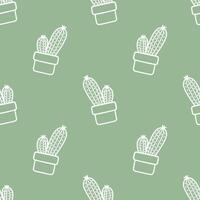Seamless patterns of Cactus cartoon outline doodle on green background, . vector