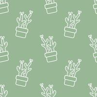 Seamless patterns of Cactus cartoon outline doodle on green background, . vector