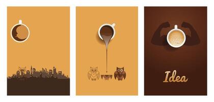 A collection of creative coffee design ideas featuring unique cups, latte art, and stylish coffee setups vector