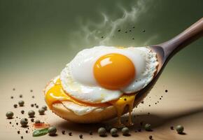 fried egg in butter on a wooden spatula photo