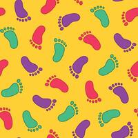 seamless pattern of repeating colorful footprints on a yellow background vector
