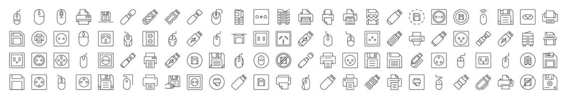 Gadgets Icon Pack. Contains Icons of Icons of Outlet, Mouse, Memory Card, Printer that Can Be Used for Design of Cards, Posts, Apps, Web Sites vector