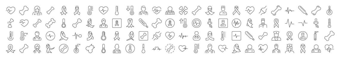 Medicine Outline Simple Icons Bundle. Contains Icons of Pink Ribbon, Thermometer, Bone, Doctor, Ill, Cardiogram that Can Be Used for Design of Cards, Posts, Apps, Web Sites vector