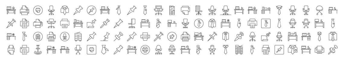 Office Line Icon Set. Modern Collection for Design, Web Sites, Apps, Cards. Contains Linear Images of Push Button, Tie, Workspace vector