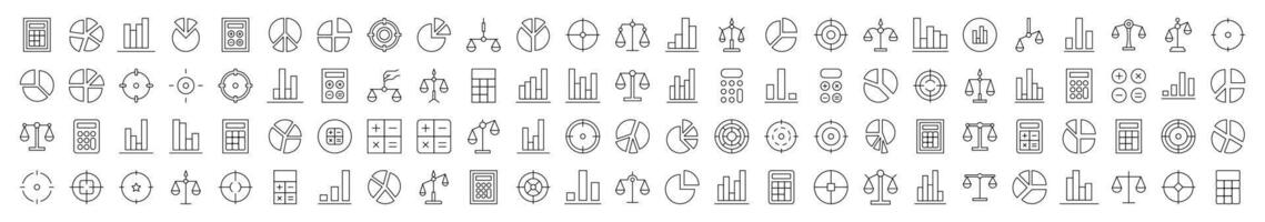 Pack of Line Icons of Scales, Target, Calculator, Diagram, Business. Editable Stroke. Minimalistic Linear Pictogram for Design of Cards, Apps, Banners, Posts vector