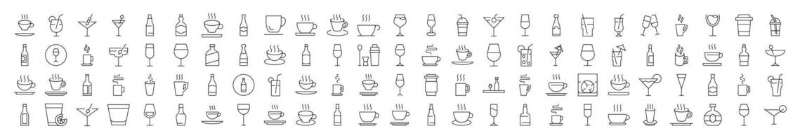 Coffee, Soft Drinks, Alcoholic Beverages Line Icon Set. Editable Stroke. Minimalistic Linear Pictogram for Design of Cards, Apps, Banners, Posts vector