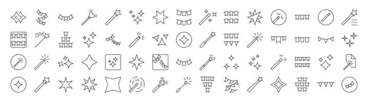 Pack of Holiday Related Line Icons. Editable Stroke for Design, Web Sites, Apps, Cards. Contains Linear Images of Magic Wand, Garlands, Sparkles vector