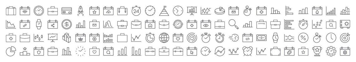 Collection of Business Related Line Icons. Editable Stroke for Design, Web Sites, Apps, Cards. Contains Linear Images of Briefcase, Clock, Startup, Analyzing, Management vector