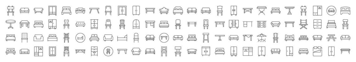 Couch, Sofa, Table, Chair Line Icon Pack. Editable Stroke. Minimalistic Linear Pictogram for Design of Cards, Apps, Banners, Posts vector