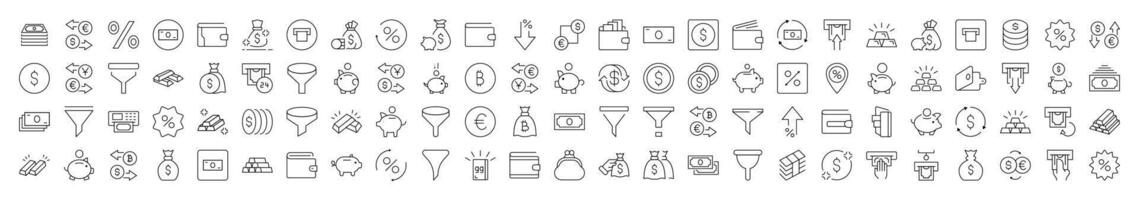 Money Exchange, Currency, Wallet, Bank, Funnel Outline Simple Linear Image Collection. Editable Stroke. Suitable for Web Sites, Books, Cards, Apps vector