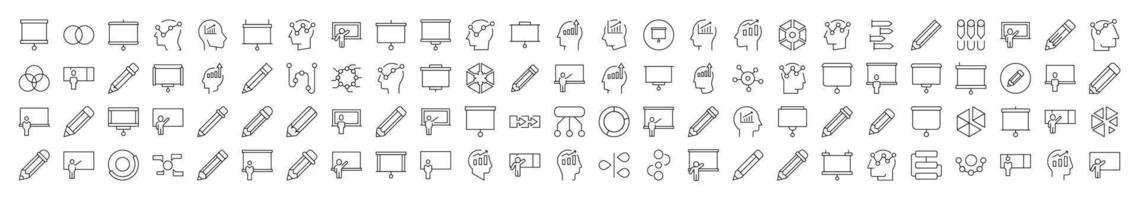 Pack of Line Icons of Presentation, Brainstorm, Pencil, Diagram. Editable Stroke. Minimalistic Linear Pictogram for Design of Cards, Apps, Banners, Posts vector