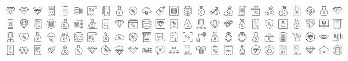 Simple Linear Icon of Dollar, Receipt, Diamond, Percent. Editable Stroke. Minimalistic Linear Pictogram for Design of Cards, Apps, Banners, Posts vector