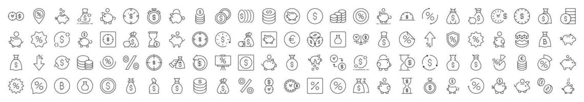 Piggy Bank, Dollar, Coin, Percent Line Icon Pack. Editable Stroke. Minimalistic Linear Pictogram for Design of Cards, Apps, Banners, Posts vector