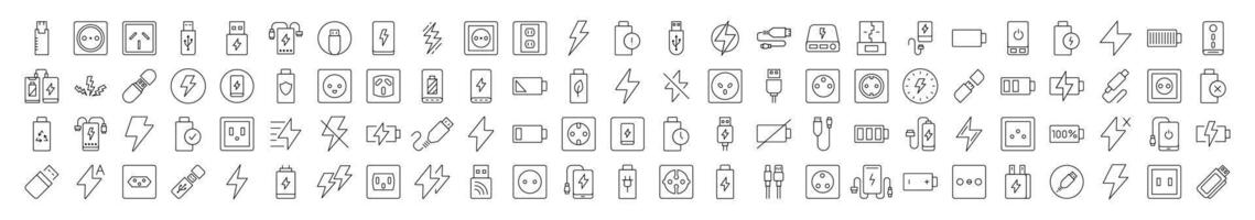 Energy Line Icon Collection. Modern Collection for Design, Web Sites, Apps, Cards. Contains Linear Images of Battery, USB Cable, Charger, Outlet vector