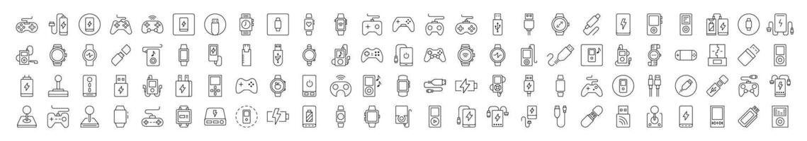 Joystick, Gamepad, Charger, Watch, Flash Card, USB Outline Simple Linear Image Collection. Editable Stroke. Suitable for Web Sites, Books, Cards, Apps vector