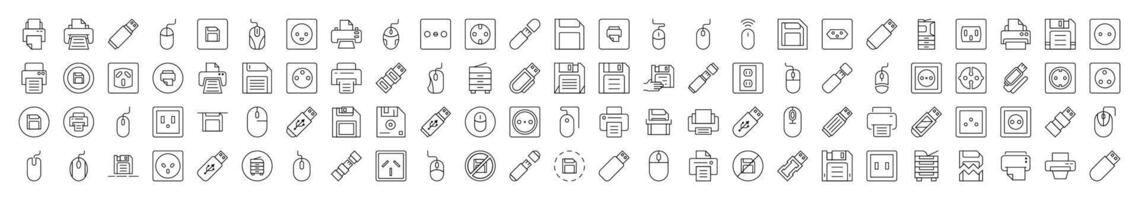 Gadgets Line Icon Set. Contains Icons of Icons of Outlet, Mouse, Memory Card, Printer that Can Be Used for Design of Cards, Posts, Apps, Web Sites vector
