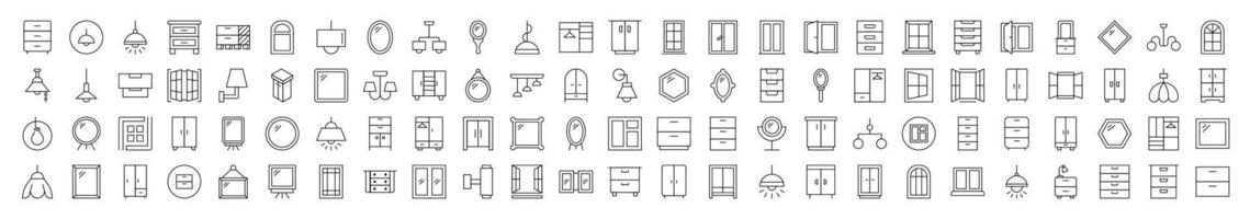 Window, Lamp, Mirror, Dresser, Chandelier Pack of Thin Icons. Editable Stroke. Suitable for Web Sites, Books, Cards, Apps vector