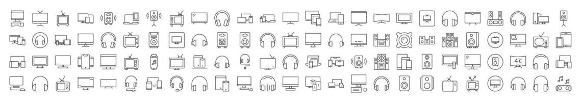 Tv Set, Speaker, Headset, Computer Line Icon Set. Editable Stroke. Minimalistic Linear Pictogram for Design of Cards, Apps, Banners, Posts vector