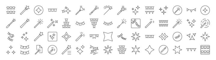 Bundle of Holiday Related Line Icons. Editable Stroke for Design, Web Sites, Apps, Cards. Contains Linear Images of Magic Wand, Garlands, Sparkles vector