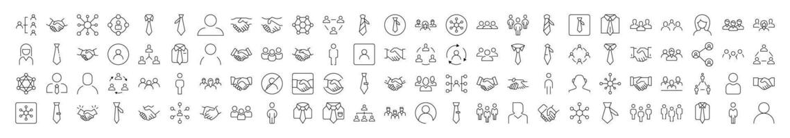 Collection of Staff and Company Related Line Icons. Editable Stroke for Design, Web Sites, Apps, Cards. Contains Linear Images of Worker, Handshaking, Office Clothing vector