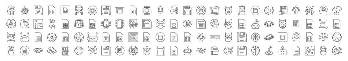 Technology Icon Pack. Contains Icons of Brain, Chip, Robot, Artificial Intelligence that Can Be Used for Design of Cards, Posts, Apps, Web Sites vector