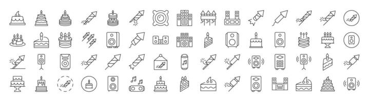 Holiday, Party, Fireworks, Cooks and Stereo Line Icon Pack. Editable Stroke. Minimalistic Linear Pictogram for Design of Cards, Apps, Banners, Posts vector