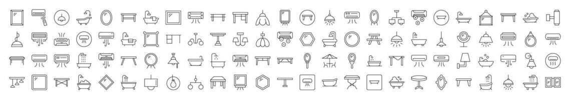 Interior Icon Pack. Contains Icons of Conditioner, Mirror, Table, Lamp, Chandelier, Bathroom that Can Be Used for Design of Cards, Posts, Apps, Web Sites vector