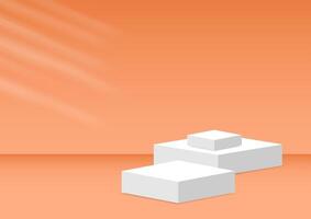 The white boxes pedestal podium display with an orange empty room background for the award ceremony. Products display and showcase presentation. vector