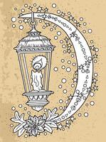 Hand drawn illustration with vintage old lantern and decorated moon against textured background. Esoteric, gothic and mystic object or element. Halloween and New Year concept. vector