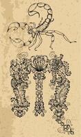 Scorpion Zodiac Sign and fantasy mascot on texture. Collection of characters and astrological symbols in victorian style. Line art illustration for Horoscope, Esoteric and Mystic design vector