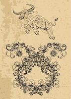 Bull Zodiac Sign and fantasy mascot on texture. Collection of characters and astrological symbols in victorian style. Line art illustration for Horoscope, Esoteric and Mystic design vector