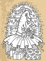 Hand drawn illustration with decorated witch hat and gifting boxes against window with lights on textured background. Esoteric, gothic and mystic object or element. Halloween and New Year concept. vector