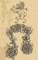 Lion Zodiac Sign and fantasy mascot on texture. Collection of characters and astrological symbols in victorian style. Line art illustration for Horoscope, Esoteric and Mystic design vector