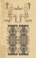 Twins or Gemini Zodiac Sign and fantasy mascot on texture. Collection of characters and astrological symbols in victorian style. Line art illustration for Horoscope, Esoteric and Mystic design vector