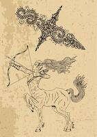 Sagittarius Zodiac Sign and fantasy mascot on texture. Collection of characters and astrological symbols in victorian style. Line art illustration for Horoscope, Esoteric and Mystic design vector