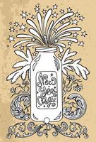Hand drawn illustration with magic potion in decorated bottle, conifer branches and fireworks against textured background. Esoteric, gothic and mystic object or element. vector