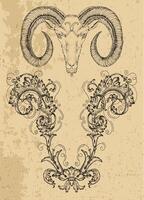 Aries or Ram Zodiac Sign and fantasy mascot on texture. Collection of characters and astrological symbols in victorian style. Line art illustration for Horoscope, Esoteric and Mystic design vector